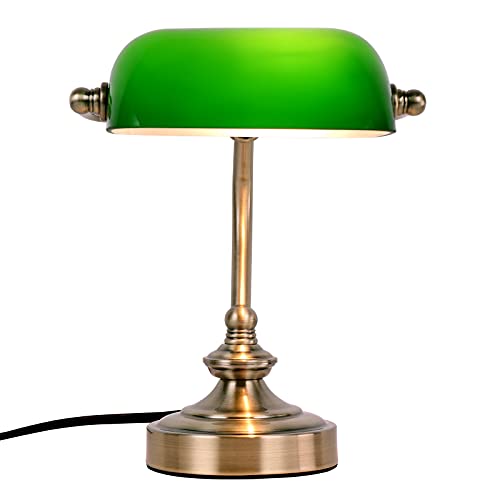 FIRVRE Glass Bankers Lamp Desk Lamp Classic Retro Bronze Finish G9 Base Plug in Vintage Table lamp Reading Modern for Home Office nightstand Bedside Study Desk Library (Mini Green)