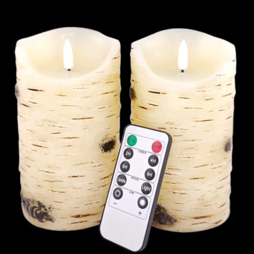 Flameless Candles LED Candles Birch Bark Effect Set of 2 (D:3.25" X H:6") Ivory Real Wax Pillar Battery Operated Candles with Dancing LED Flame 10-Key Remote Control and Cycling 24 Hours Timer