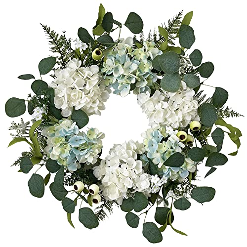 Floralies Handmade Hydrangea Wreath 20 Inches Blue White Artificial Spring Summer Farmhouse Floral Flower Wreath for Front Door All Seasons Year Round Wreath Wedding Home Decor