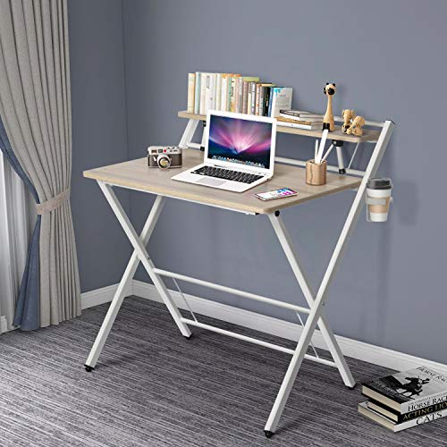 Folding Computer Desk for Small Space, 2 Tier Simple Laptop Writing Table with Shelf, Multipurpose Foldable Study Desk, Kids Desk, No Assembly Needed (Khaki)