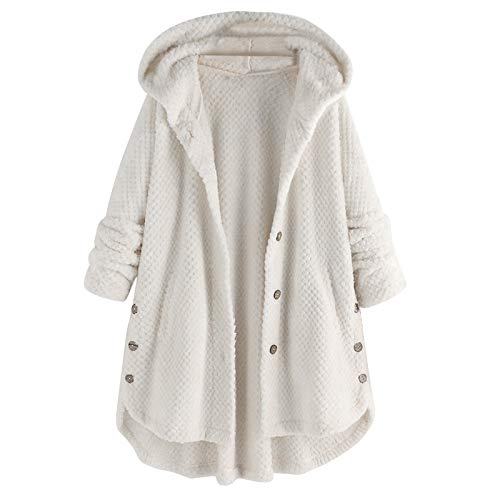 Forthery Hooded Faux Fur Coats for Women Long Teddy Bear Jacket Button Fluffy Pullover Loose Sweater(White,L)