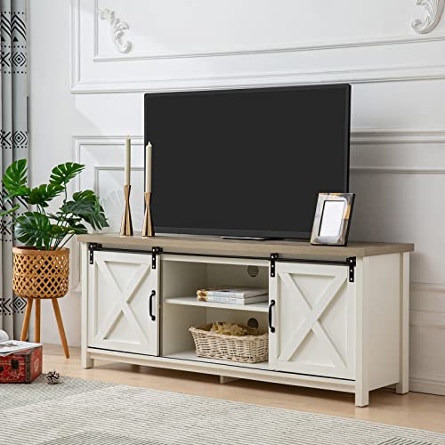 GAZHOME Modern Farmhouse TV Stand with Sliding Barn Doors, Media Entertainment Center Table for TVs up to 65”,2-Tier Large Storage Cabinets,Rustic TV Stand for Living Room Bedroom,White