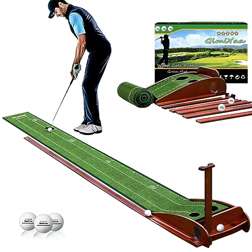 GimiYaa Golf Putting mat Green Indoor and Outdoor with Auto Ball Return,Game Practice Golf Gifts for Home, Office, Backyard Indoor Golf and Outdoor Use, Crystal Velvet Mat and Solid Wood Base (Brown)