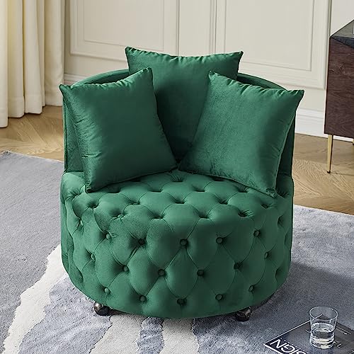 GNIXUU Modern Barrel Accent Chair, 30” Round Velvet Swivel Chair with 3 Pillows and Wheels, Comfy Tufted Single Club Sofa Lounge Chair for Living Room, Bedroom（Green）.