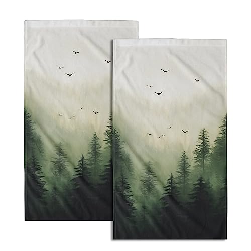 Green Misty Forest Hand Towels Set of 2 Mountain Woodland Soft Guest Face Bath Towel Bathroom Decorations Thin Kitchen Tea Dish Towels