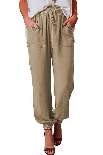 GUOLEZEEV Women's Linen Blend Pants with Pockets Loose Drawstring Joggers Pants Apricot S