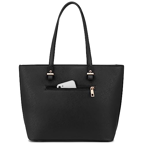 Handbags for Women Large Purses Faux Leather Tote Bag School Shoulder Bag with External Pocket, Black