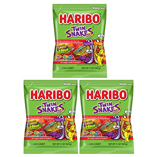 Haribo Sweet & Sour Twin Snakes Pack of 3 (5oz Bags) | Assortment of Delicious Fruit Flavors | Gummi Candy Peg Bag for Movie Nights, Halloween, Easter, and More | King of Sweets Bulk Bag