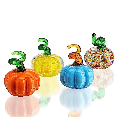 H&D HYALINE & DORA 4pcs Blown Glass Pumpkin Figurines Table Accent for Fall & Harvest, Mini Crystal Halloween Pumpkin Art Decorations for Home Thanksgiving