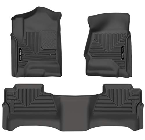 Husky Liners Weatherbeater | Fits 2014 - 2018 Chevrolet Silverado/GMC Sierra 1500, 2015 - 2019 2500/3500 HD Crew Cab, Front & 2nd Row Floor Liners (Footwell Coverage) - Black, 3 pc. | 98231