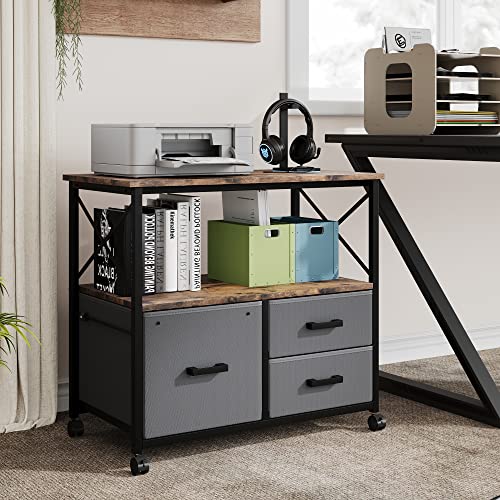 IDEALHOUSE Lateral File Cabinet, 3 Drawer File Cabinet, Mobile Filing Cabinet Printer Stand Fits A4 or Letter Size, Lateral File Cabinet with Wheels, Under Desk Storage Cabinet for Home Office, Grey