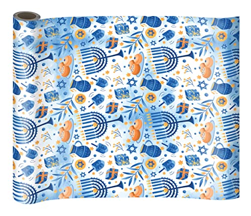 Izzy 'n' Dizzy Hanukkah Wrapping Paper - Metallic Blue Gift Wrap - 17 Inch x 144 Inch- Chanukah Gift Wrap - Light Blue Print