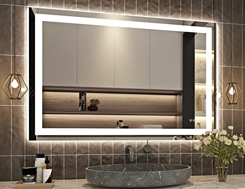 Klajowp 48''x32'' LED Bathroom Mirror with Front + Backlit, Tempered Glass Bathroom Mirror with Lights, Anti-Fog, 3 Colors with Stepless Dimmable Memory Bathroom Vanity Mirror for Wall, Shatterproof