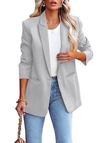 LCRRRN Womens Casual Loose Blazers Long Sleeve Pockets Work Office Jacket Blazer (L, Grey)