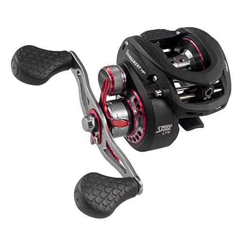 Lew's Tournament MP Speed Spool Baitcast Fishing Reel, Right-Hand Retrieve, 6.8:1 Gear Ratio, One-Piece Aluminum Body with Graphite Side Plate, Black/Red
