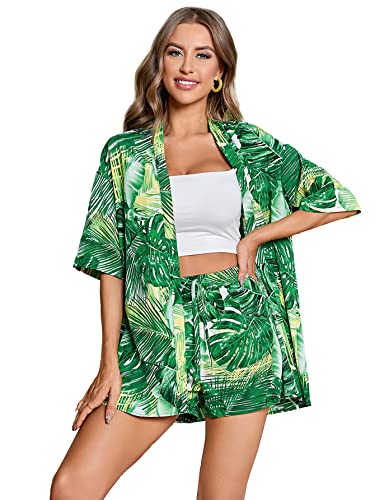 MakeMeChic Women's Boho 2 Piece Outfits Tropical Open Front Kimono Blouse and Shorts Set A Multi L