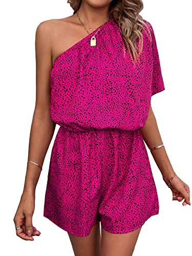 MakeMeChic Women's Casual Allover Print One Shoulder Short Sleeve Romper Shorts Jumpsuit Hot Pink M