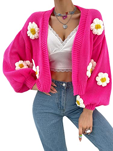 MakeMeChic Women's Floral Applique Lantern Sleeve Open Front Cropped Cardigan Sweater Hot Pink M