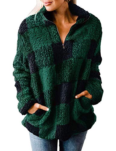 MEROKEETY Women's Plaid Sherpa Fleece Zip Sweatshirt Long Sleeve Pullover Jacket, Green, S