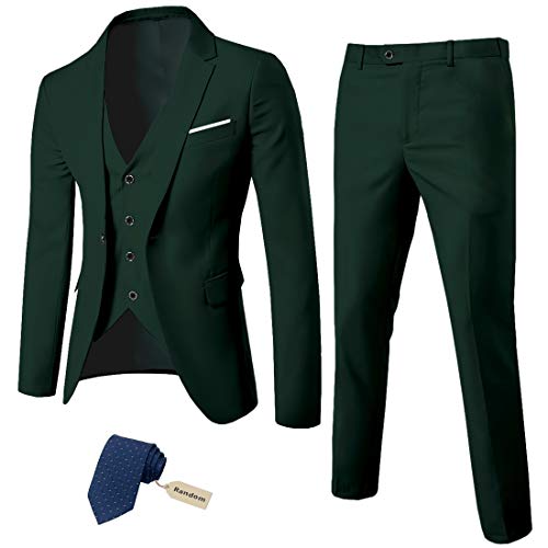 MY'S Men's 3 Piece Slim Fit Suit Set, One Button Solid Jacket Vest Pants with Tie Deep Green