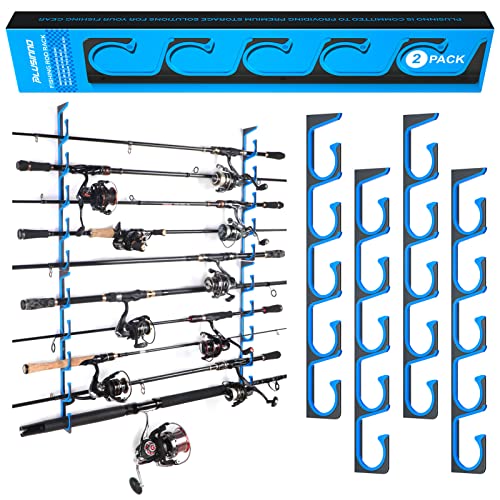 PLUSINNO 2PACK H5 Horizontal Fishing Rod/Pole Holders for Garage, Wall or Ceiling Mounted Fishing Rod Rack, Aviation Aluminum Fishing Pole Holder Holds up to 10 Rod or Combos or Nets Storage Racks