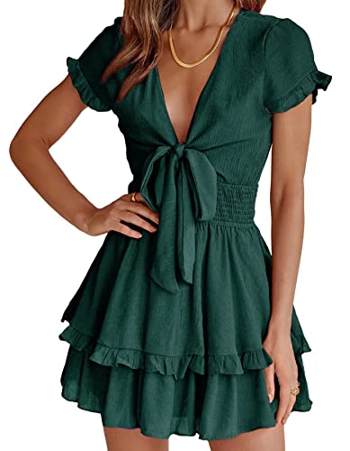 PRETTYGARDEN Women's 2023 Summer Swing Mini Dress Tie Front V Neck Short Sleeve Ruffle Layer A-Line Short Dress(Dark Green,Medium)