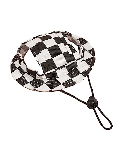 QWINEE Plaid Pattern Dog Hat with Ear Hole Round Brim Dog Puppy Cat Sun Hat Bucket Hat Outdoor Sun Protection Pet Caps for Small Medium Cats Dogs Kitten Black and White M