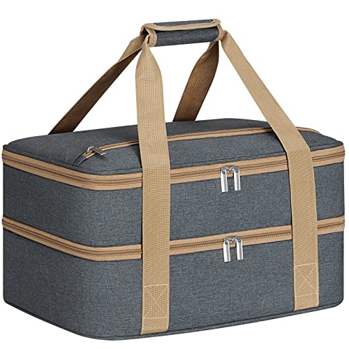 RVSNQ Double Insulated Casserole Carrier with Top Storage, Casserole Carrier for Hot or Cold Food, Food Carrier for Picnics, Beaches, Traveling or Gifts, Fits 11 x 15 or 9 x 13 Baking Dish (Grey)