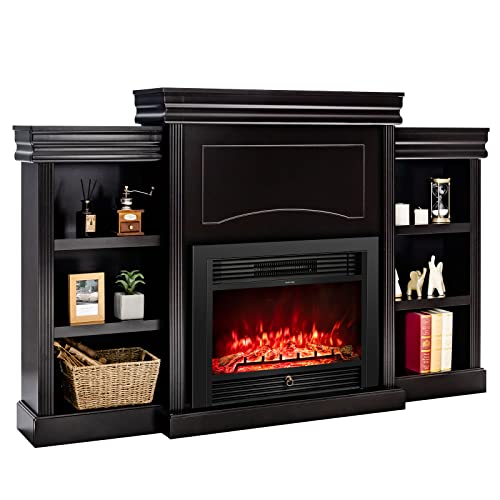 Tangkula 70" Mantel Fireplace, 750W/1500W Electric Fireplace w/Mantel & Built-in Bookshelves, 28.5-Inch Electric Fireplace w/Remote Control, 1-8H Timer, Adjustable Flame Brightness & Color (Black)