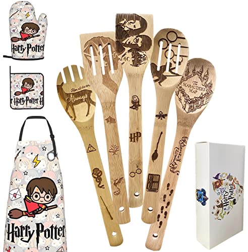 TANUNY Harry Kitchen Gifts for Mom Women Birthday Gift Cute magic Wooden Cooking Spoons Set Bamboo Kitchen Cooking Utensils Set with Apron Oven Mitt Potholder Set Great Christmas Gift