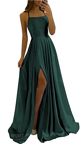 Tvuyet Elegant Satin Bridesmaid Dresses Emerald Green with Slit Long A Line Spaghetti Straps Formal Dresses with Pockets Emerald Green 12