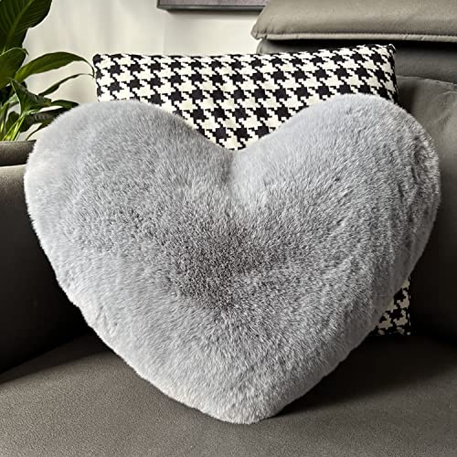 Vdoioe Heart Pillow Fluffy Grey Heart Shaped Throw Pillows Super Soft Faux Rabbit Fur Heart Throw Pillow Outdoor Indoor Decorative Pillows