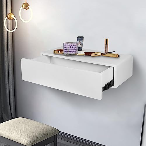 VOTYSOM Floating Nightstand Shelf with Drawer - Elegant Dresser for Bedroom, 24” Wall Shelf with Anti-Collision Paint and Solid Wood Cabinet