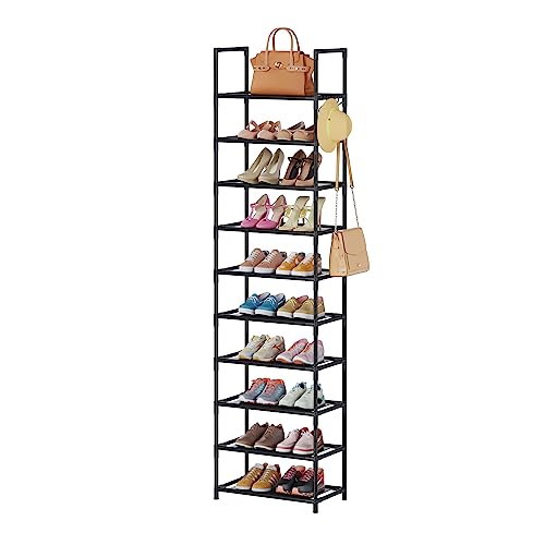 WOKKOW 10 Tiers Tall Shoe Rack for Closet Entryway 20-25 Pairs Shoe Closet Organizers and Storage Free Standing Shoe Shelf Shoe Storage with Hooks