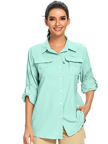 Women's UPF 50+ UV Sun Protection Safari Shirt, Long Sleeve Outdoor Cool Quick Dry Fishing Hiking Gardening Shirts (5055 Green M)