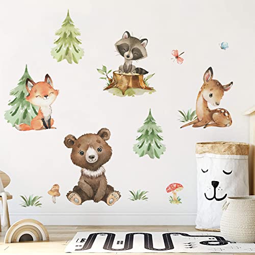 Yovkky Woodland Animals Friends Pine Tree Wall Decals Stickers, Forest Bear Deer Fox Raccoon Nursery Decor, Home Baby Kids Room Decorations Boys Girls Bedroom Art