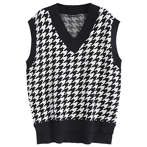 ZAFUL Women's V-Neck Sweater Vest Sleeveless Houndstooth Pullover Knitted Sweater (2-Black, S)